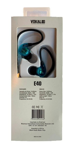 Fone De Ouvido Retorno Vokal E40 Azul Monitor In Ear
