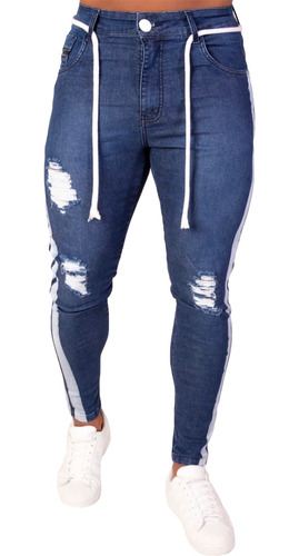 Calça Jeans Skinny Faixa Dupla Lateral Destroyed Com Cordão