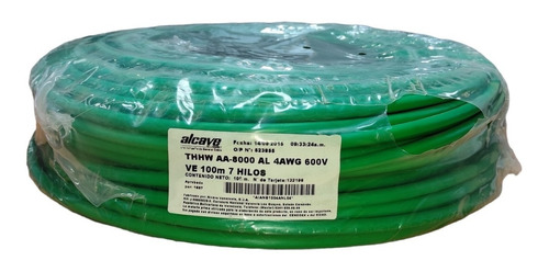 Cable Thhw 4 Awg Verde, Aluminio 7 Hilos Marca Alcave 10 Mts
