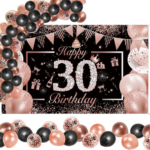 Pancarta Con Globos Oro Rosa Negro Para 30 Cumpleaños Weeyin