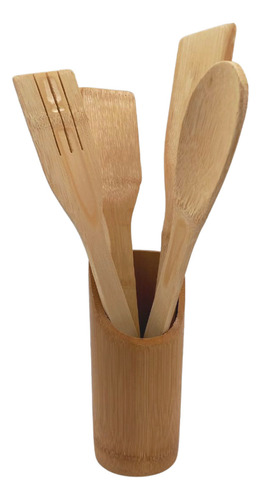 Jogo De Utensílios Cozinha Bambu Natural 4 Peças Com Suporte Cor Marrom