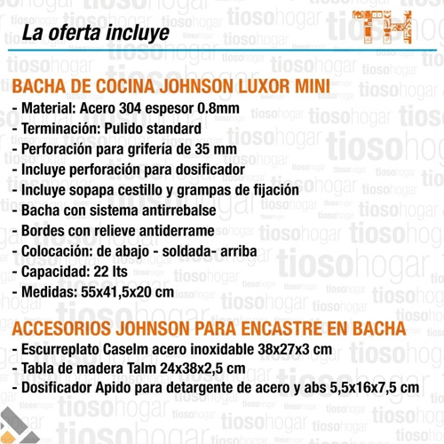 Bacha Cocina Johnson Luxor Mini Si55a +accesorio Sin Interes