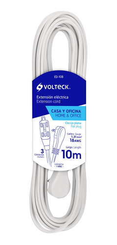 Extension Elec Domestica 2 X 16 Awg 10 Mts Blanco Volteck