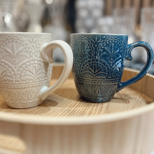 Taza Mug Cerámico Azul 445ml Diseño Relieve Estilo Oriental Azul Marino Mandala Art Déco