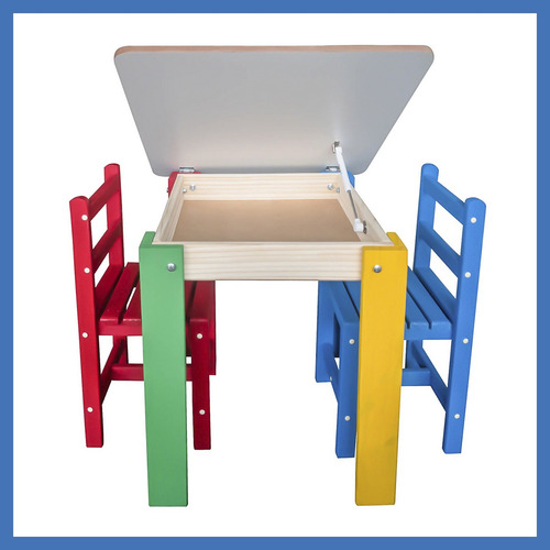 Conjunto Mesa Baú Infantil Madeira Duas Cadeiras Camaleão