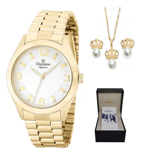 Kit Relógio Champion Feminino Dourado + Bijuteria - Cn25216w Cor do fundo Branco