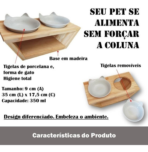 Imagem 2 de 7 de Comedouro Duplo Base Madeira Gato Tigela Porcelana 320ml