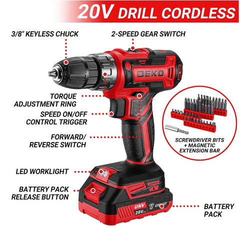Red Drill Tool Kit Set: 20v Cordless Power Drill Tool Box...