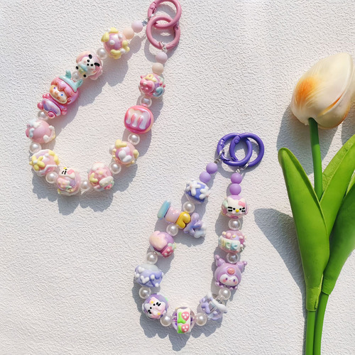 Cadena Para Celular Hecha A Mano Diseño Kawaii + 2 Almohadil Lila2