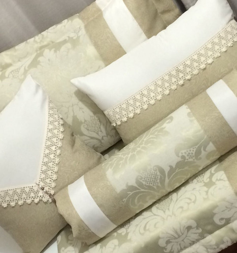 Imagem 4 de 6 de Cobre Leito Colcha Queen Tecido Jacquard Bege Modelo Safira 06 Peças