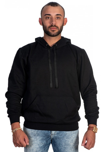 Imagem 1 de 7 de Moletom Canguru Preto Masculino Liso Fechado Com Capuz Ofert