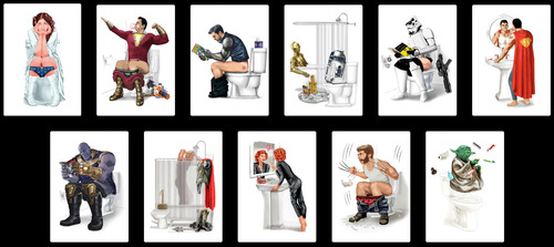 Kit 4 Quadros Decorativos Super Heróis Banheiro Lavabo Tamanho A5 Preto