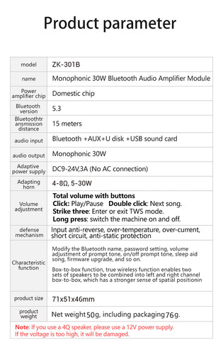 Amplificador Zk-301b 30w Mono 5.3 O Com Tws & App