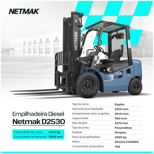 Empilhadeira Diesel Netmak D2530 2,5t Torre Duplex 3,0m