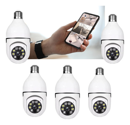 Kit 5 Câmera Lâmpada De Segurança Wifi Ip Hd 360° E27 Branco