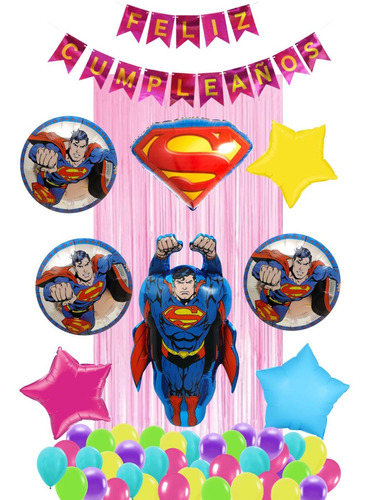 Kit Decoracion Globos Feliz Cumpleaños Superman Logo Escudo