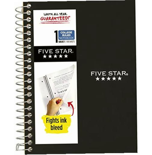 Five Star Spiral Notebook, 1 Subject, College Ruled Paper, Color Negro