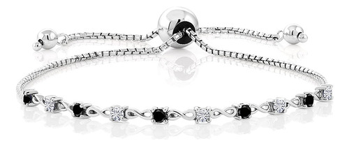 Pulsera De Plata De Ley 925 Con Diamante Negro Redondo Y Pi.