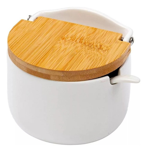 Saleiro De Mesa Em Porcelana Com Colher E Tampa De Bambu Cor Branco