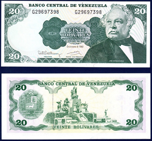 Billete 20 Bolívares G8 Diciembre 8 1992 José Antonio Páez