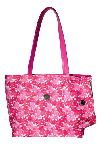 Bolso Playero + Porta Cosmético Rosi - Flores Rosas Y Rojas