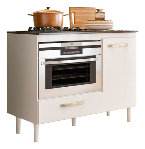 Balcão De Cozinha Compacto Évora Para Cooktop 4 E 5 Bocas Com 1 Gaveta E 1 Porta E Nicho Para Forno Multifuncional Cor Branco Sobreira Móveis