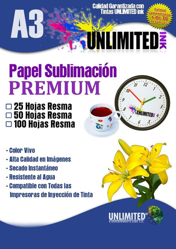 Papel A3 Premium Para Sublimar Secado Rapido Unlimited Ink