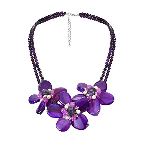 Collar De Plata Con Perla Y Flor Agata Violeta Triple