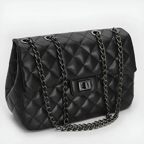 Bolsa Feminina Transversal Ombro Alça de Corrente Lateral Média Grande Espaçosa Tiracolo Matelassê Bordada Casual Dia a Dia Trabalho Executiva Faculdade Viagem Casamento Classica Elegante Cor Preta