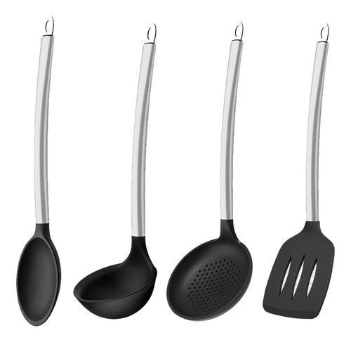 Kit Concha Colher 4 Utensílios De Silicone E Inox Preto