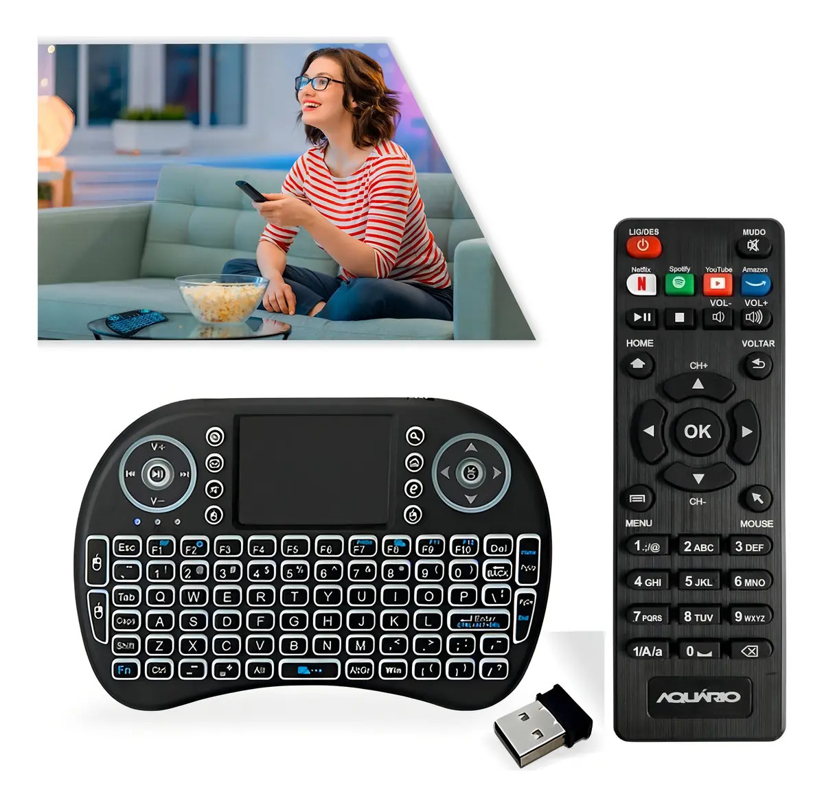 Controle Remoto Universal TV Box Aquario e Teclado Wireless Preto