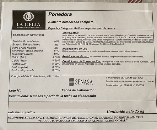 Alimento P/ Gallinas Ponedoras (x 25kg). Envíos Caba