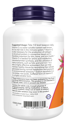 Vitamina C Now Foods Ascorbato De Sódio 227g Em Pó Sabor Sem sabor
