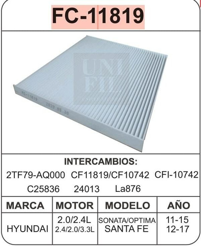 Filtro Cabina Para Optima Sonata 2.0 /2.4 2011-2015 Fc-11819
