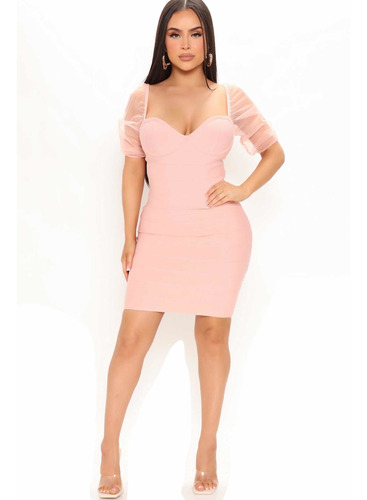 Vestido De Fiesta Color Rosa Manga Corta Bodycon