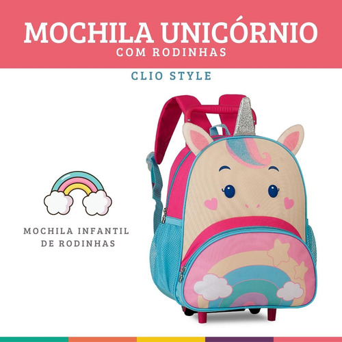 Mochila De Rodinha Unicórnio Pink Escolar Infantil Clio