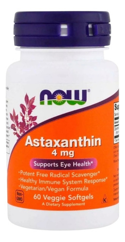 Astaxanthin Astaxantina Importada Now 4mg 60 Cápsulas