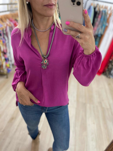 Imagen 6 de 9 de Blusa Cuello Mao Manga Larga De Lino The Big Shop