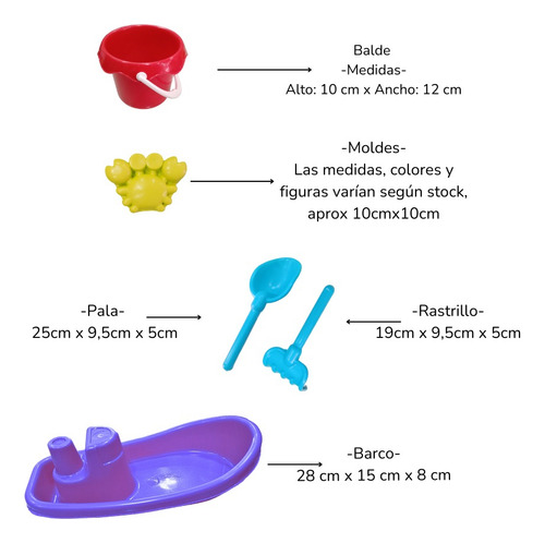 Set 5pz Playa Arena Molde Barco Rastrillo Pala Grande Niños