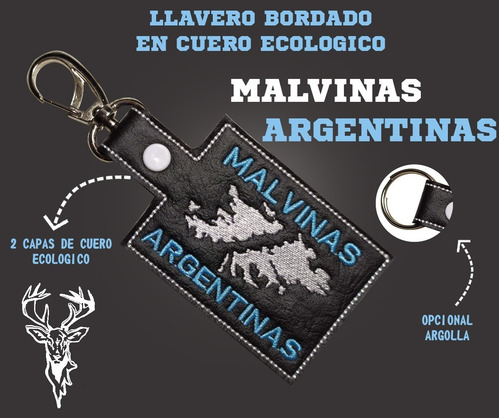 Imagen 2 de 4 de Llavero Malvinas Argentinas Islas Bordado Cueroeco Mosqueton