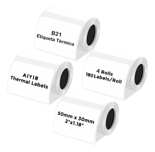 4 Rollos De Etiquetas Blancas Aiyin B21 50 X 30 Mm