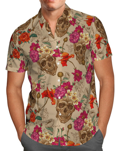 Camisa Hawaiana Con Calavera Floral Marrón Tl09