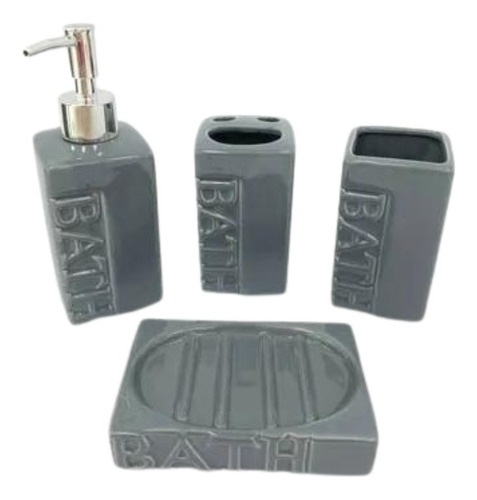 Set De Baño Cerámica Vintage X4 Unidades Lisos Color Gris