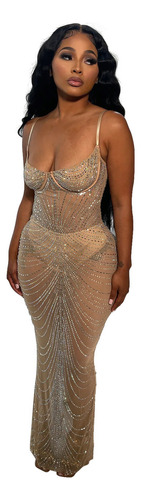 Vestido Mujer Sexytransparente Sin Mangas Diamantesimita [u]