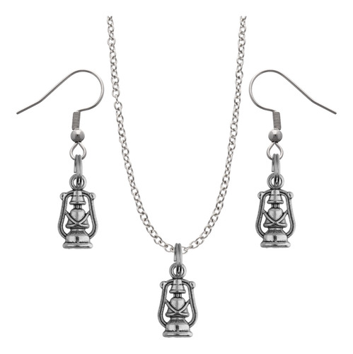Kit Collar Y Aretes Herramientas Regalo Dije Cadena Acero Plateado Lámpara Petróleo Quinqué