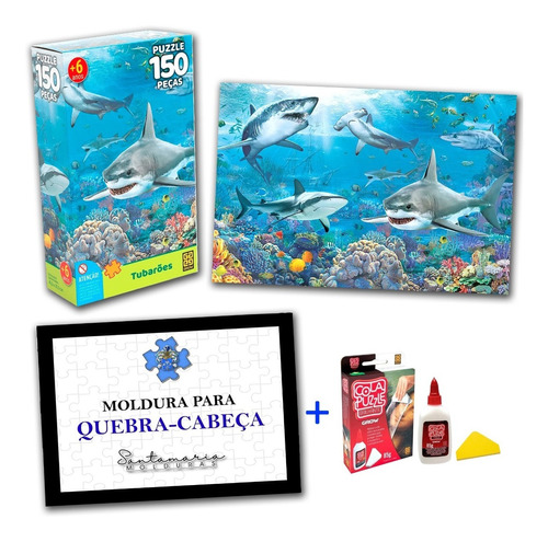 Kit Quebra-cabeça Tubarões Mar + Moldura + Cola Puzzle Grow