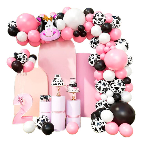 Kit Arco Globos Decoracion Vaca Granja Rosado Blanc Negro