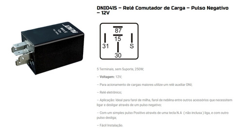 Relé Comutador De Carga Pulso Negativo 12v 5 Pinos