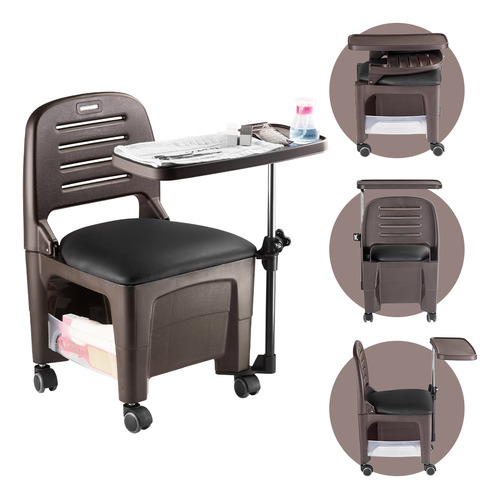 Cadeira Para Manicure Com Encosto Rebatível Mesa Removível Porta Objetos Lateral E Assento Anatômico Cirandinha Bari Dompel Marrom