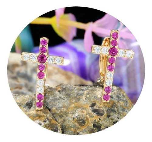 Aretes Broquel Zafiro Fucsia Oro 24k Cruz Gemas Brillantes 